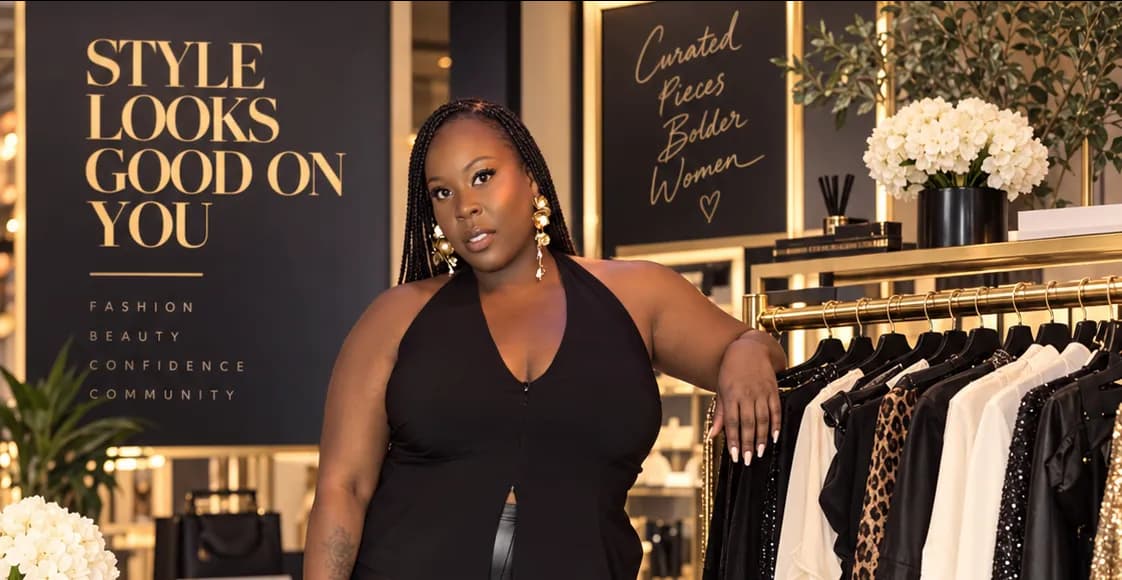 A smiling woman with long braids and golden earrings poses in a black halter top next to a clothing rack, with signs reading "Style Looks Good on You" and "Curated Pieces Bolder Women" in the background.